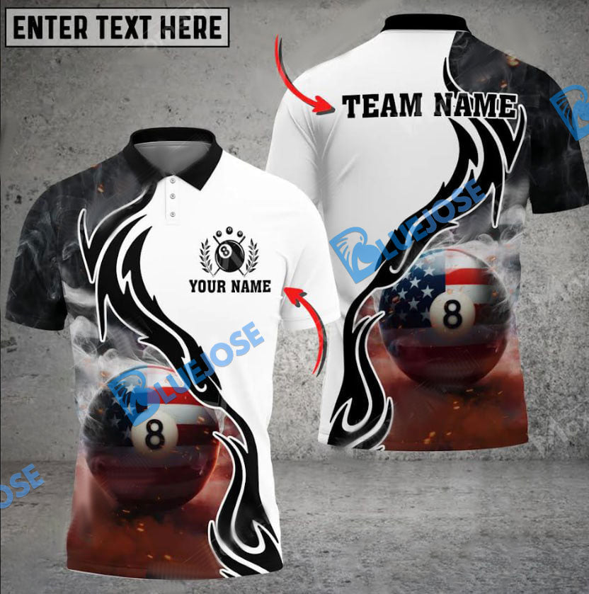 Frenzidea Billiards Ball 8 Pool Smoke US Flag White Personalized Name, Team Name Unisex Shirt