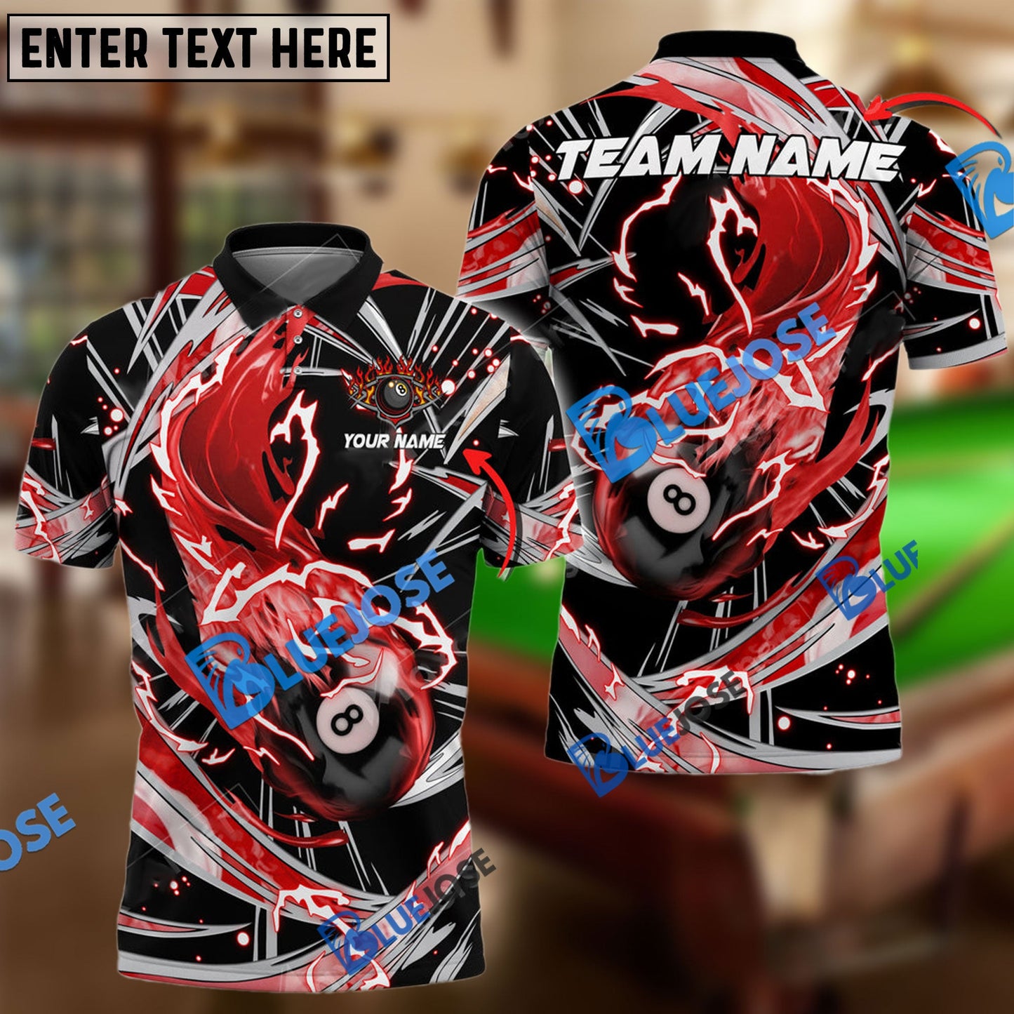 Frenzidea Billiards Ball 8 Flame Thunder Wind Aura Personalized Name, Team Name Unisex Shirt ( 6 Colors )