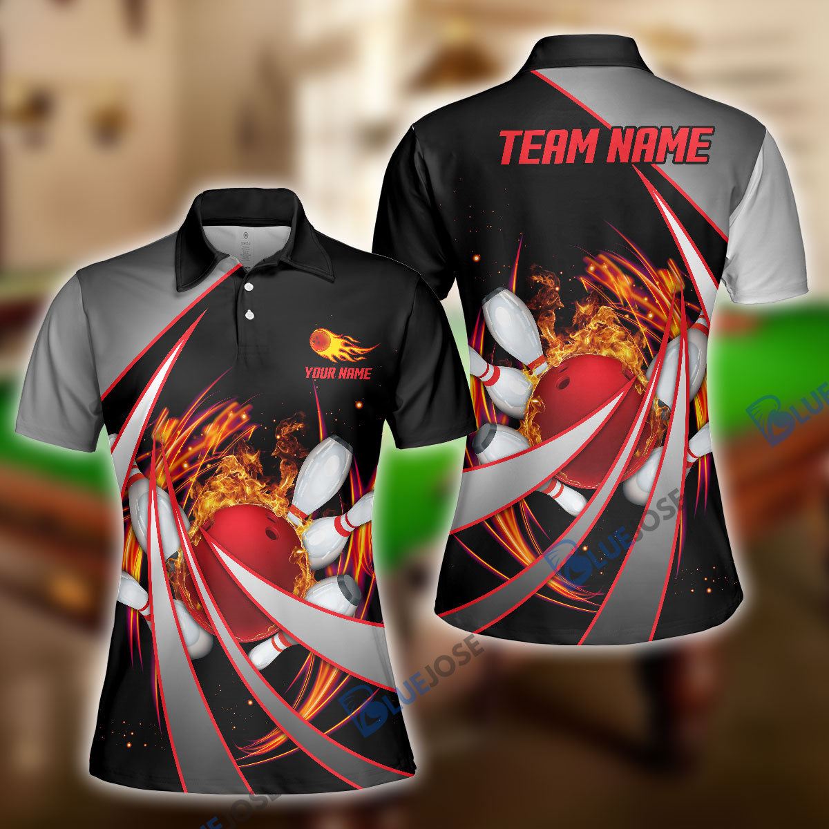 Frenzideas Flame Bowling And Pins Tornado Pattern Multicolor Customized Name 3D Shirt for Women