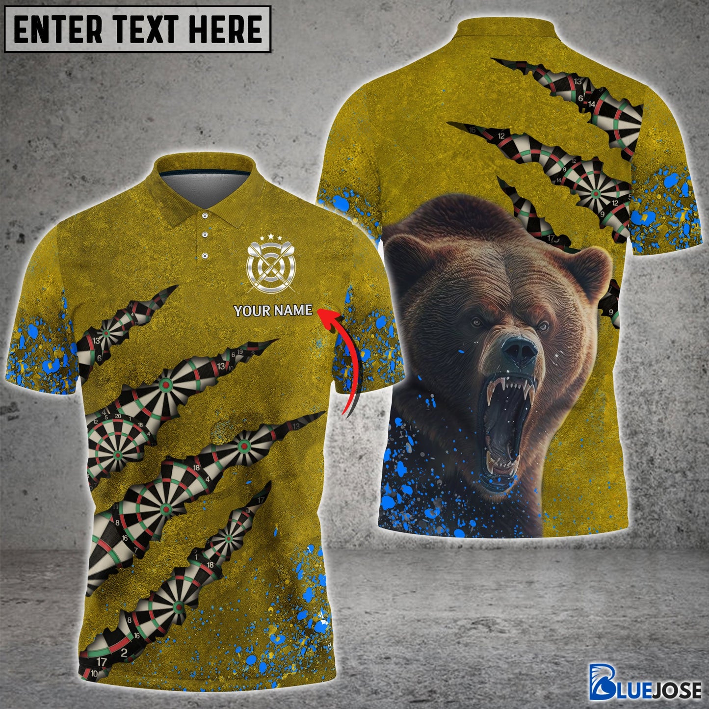 frenzidea Bear And Darts Blue and Yellow Personalized Name 3D Shirt