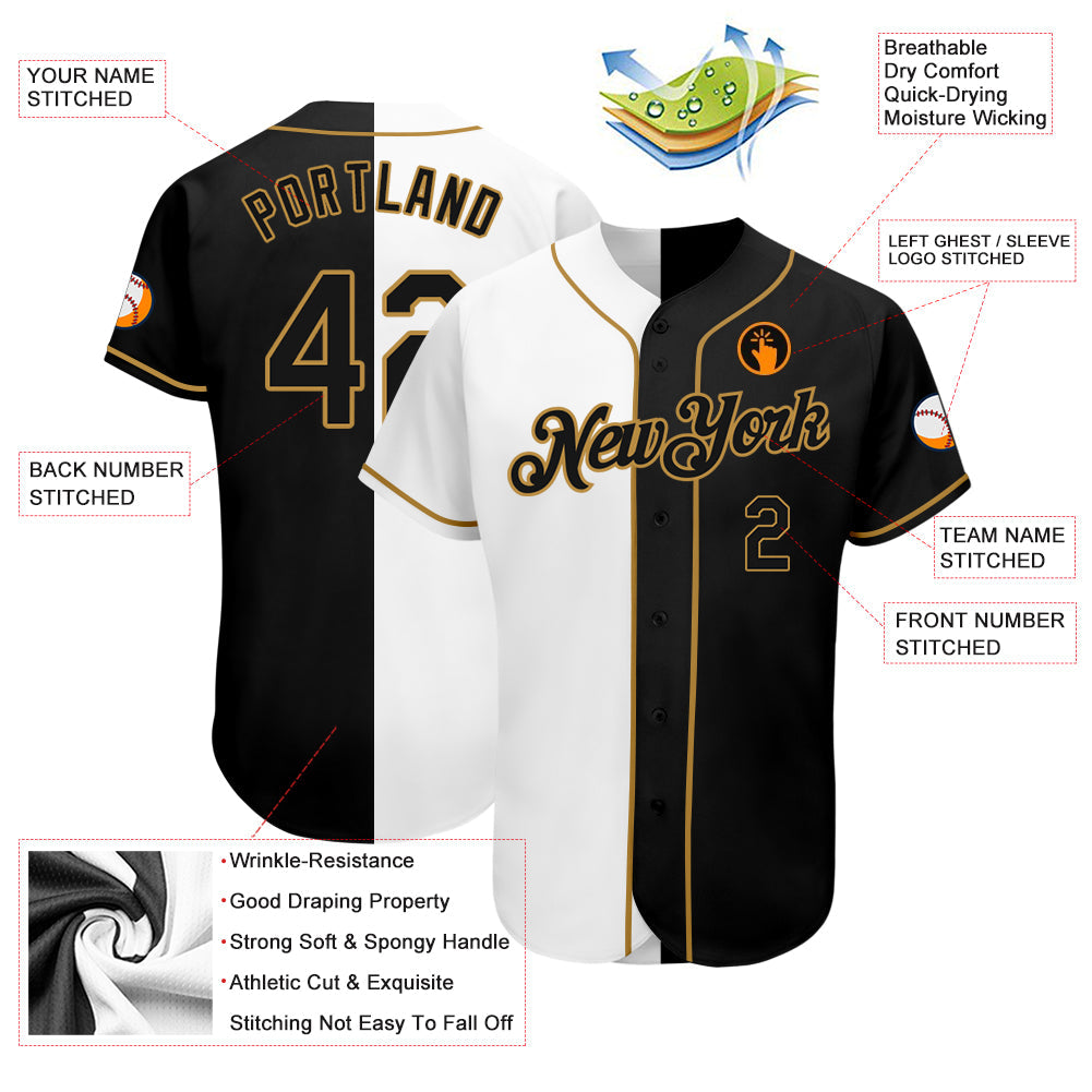 Frenzidea Custom White-Black Old Gold Authentic Split Fashion Baseball Jersey