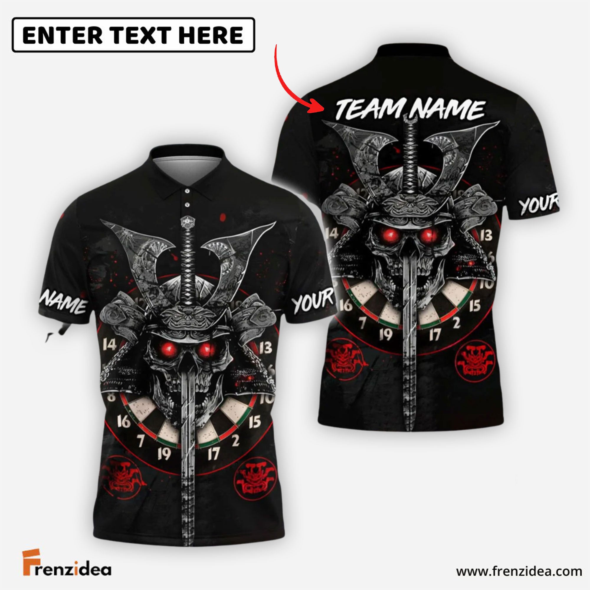 Frenzidea Darts Skull Samurai Personalized Name, Team Name Shirt (4 Colors)