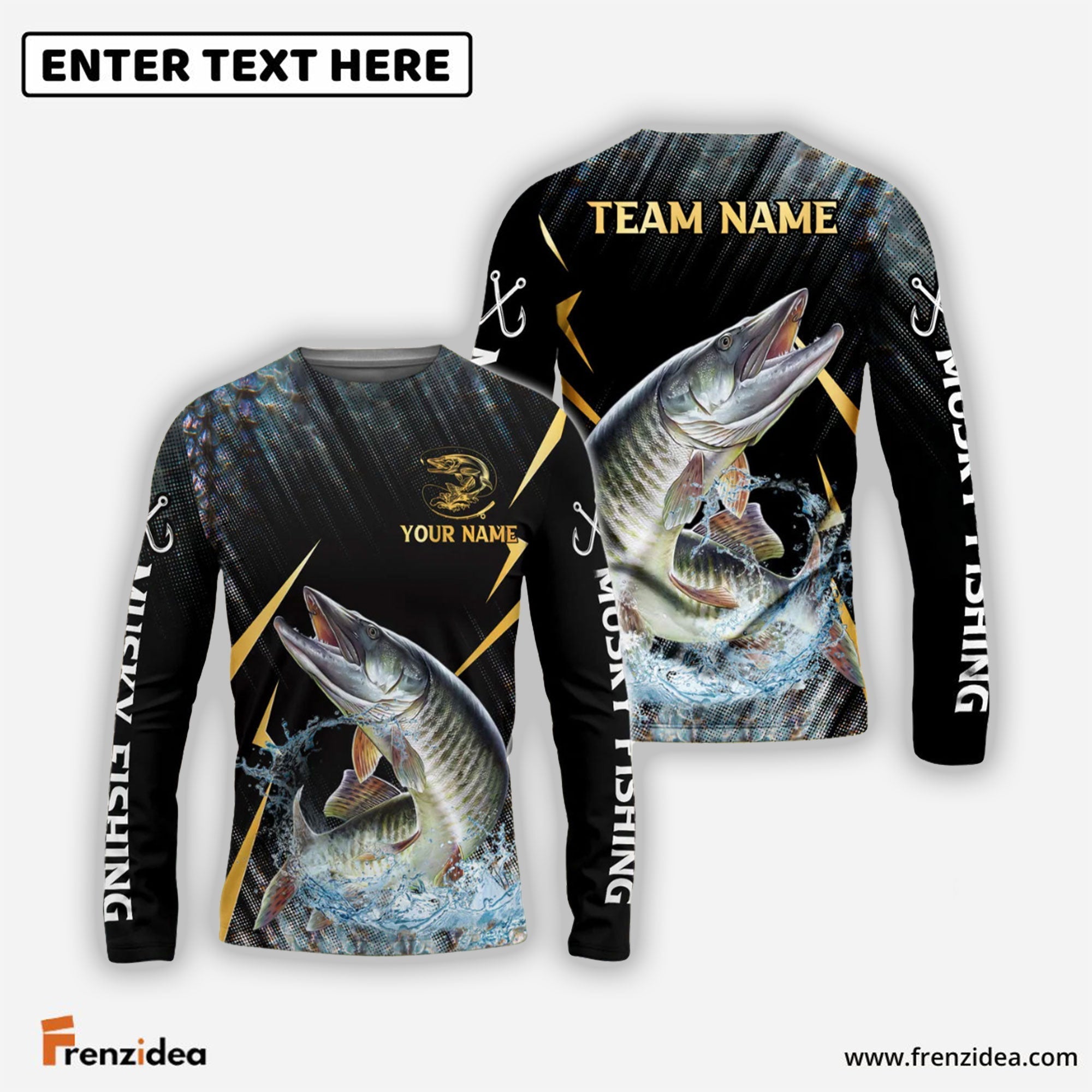 Frenzidea Musky Fishing Golden With Skinfish Pattern Custom Name & Team Name 3D Shirts
