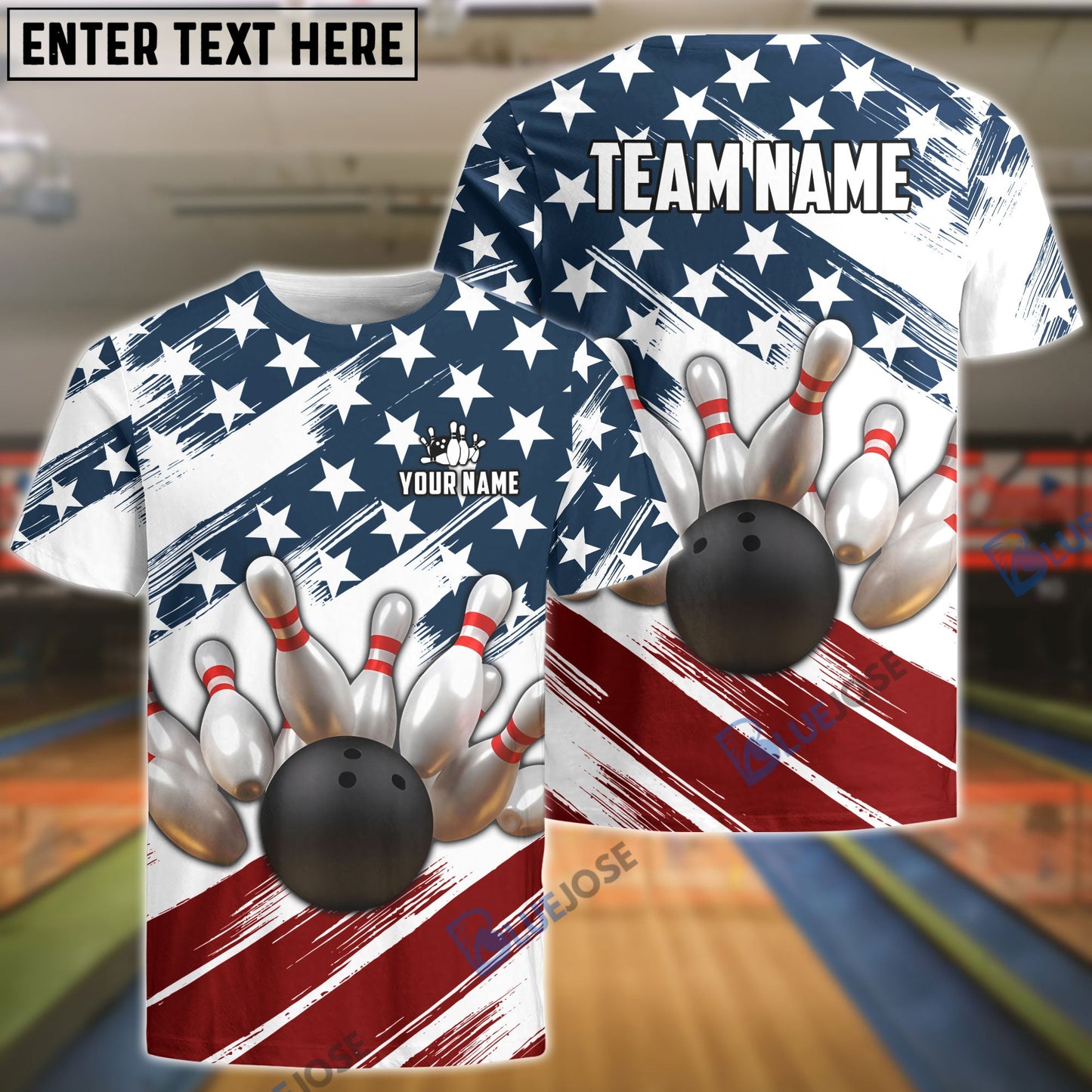 Frenzideas Bowling US Flag Customized Name, Team Name 3D Shirt