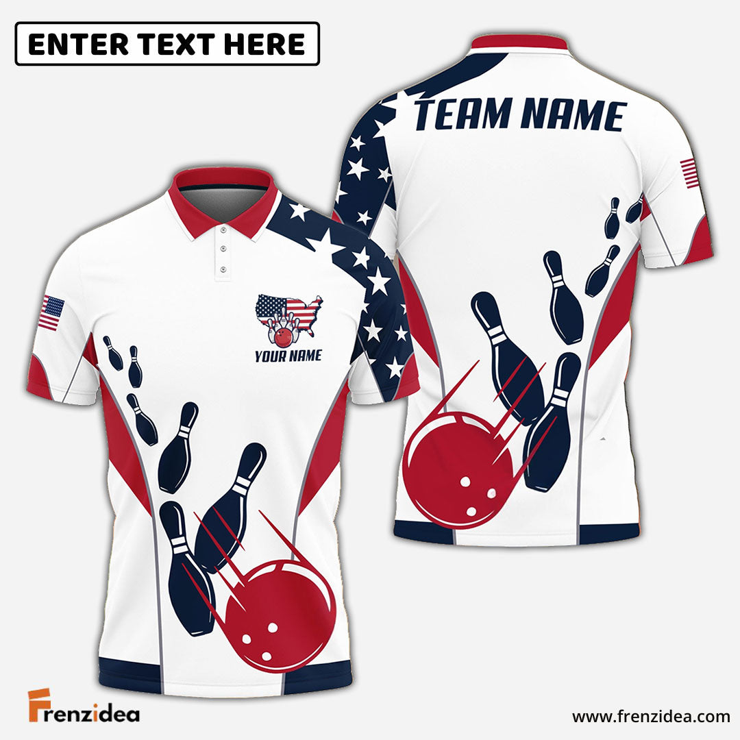 Frenzidea Bowling And Pins American Flag Customized Name, Team Name 3D Shirt (4 Options)