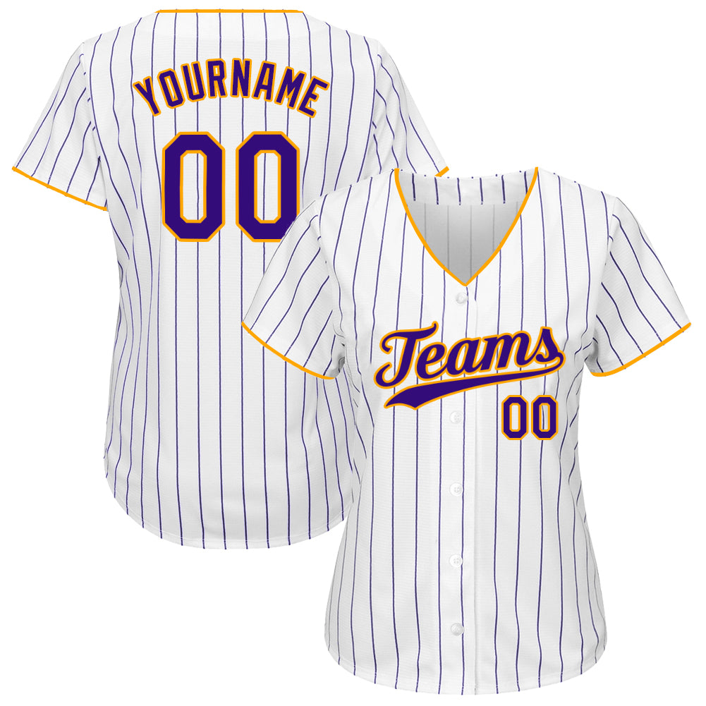 Frenzidea Custom White Purple Pinstripe Purple-Gold Authentic Baseball Jersey
