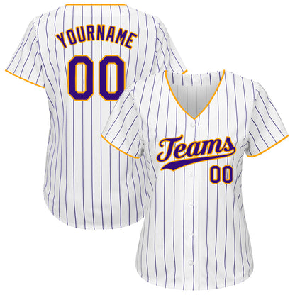Frenzidea Custom White Purple Pinstripe Purple-Gold Authentic Baseball Jersey