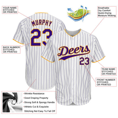 Frenzidea Custom White Purple Pinstripe Purple-Gold Authentic Baseball Jersey