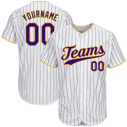 Frenzidea Custom White Purple Pinstripe Purple-Gold Authentic Baseball Jersey