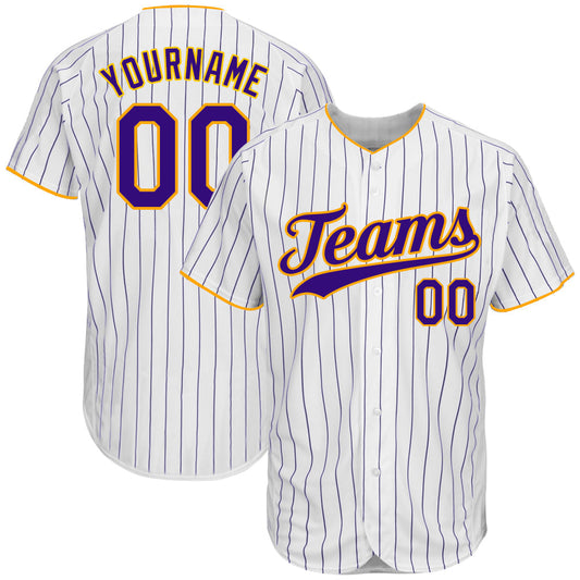Frenzidea Custom White Purple Pinstripe Purple-Gold Authentic Baseball Jersey