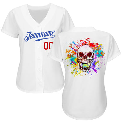 Frenzidea Custom White Royal-Red Authentic Skull Fashion Baseball Jersey