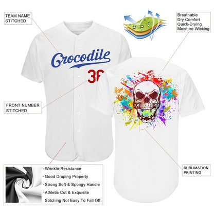 Frenzidea Custom White Royal-Red Authentic Skull Fashion Baseball Jersey