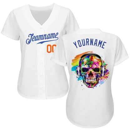 Frenzidea Custom White Royal-Orange Skull Fashion Baseball Jersey