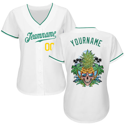Frenzidea Custom White Kelly Green-Gold Authentic Skull Pineapple Head Baseball Jersey
