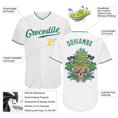 Frenzidea Custom White Kelly Green-Gold Authentic Skull Pineapple Head Baseball Jersey