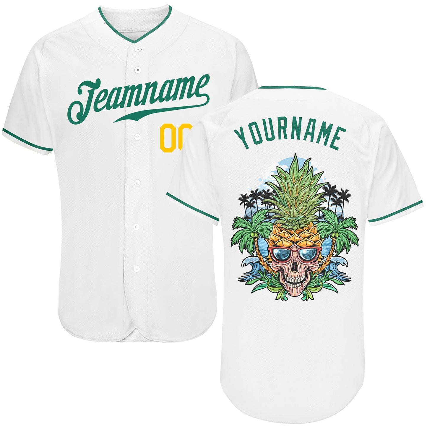 Frenzidea Custom White Kelly Green-Gold Authentic Skull Pineapple Head Baseball Jersey