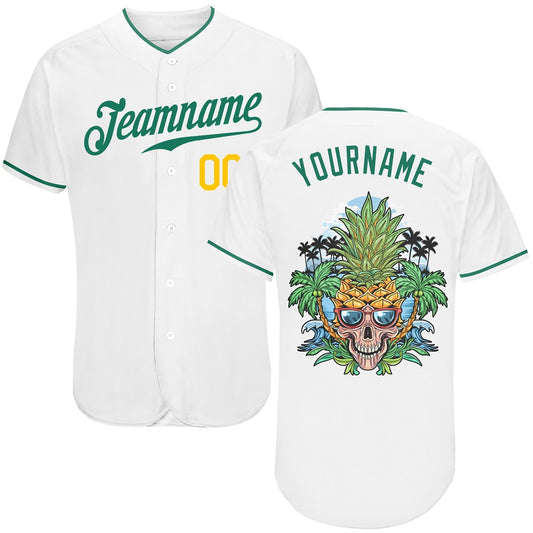 Frenzidea Custom White Kelly Green-Gold Authentic Skull Pineapple Head Baseball Jersey