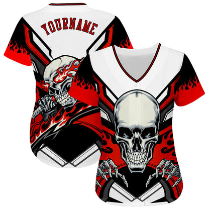Frenzidea Custom White Red-Black 3D Skull Baseball Jersey