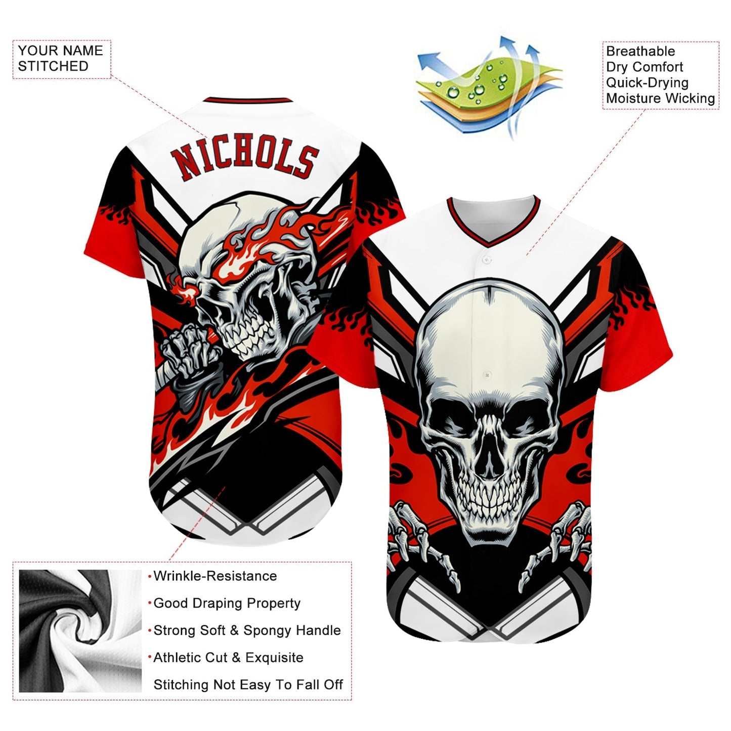 Frenzidea Custom White Red-Black 3D Skull Baseball Jersey
