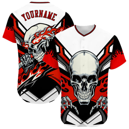 Frenzidea Custom White Red-Black 3D Skull Baseball Jersey
