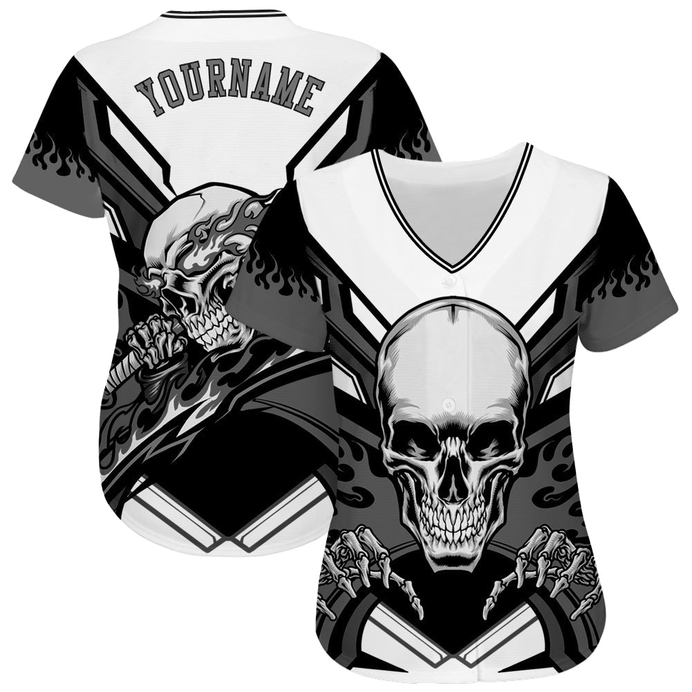 Frenzidea Custom White Gray-Black 3D Skull Baseball Jersey