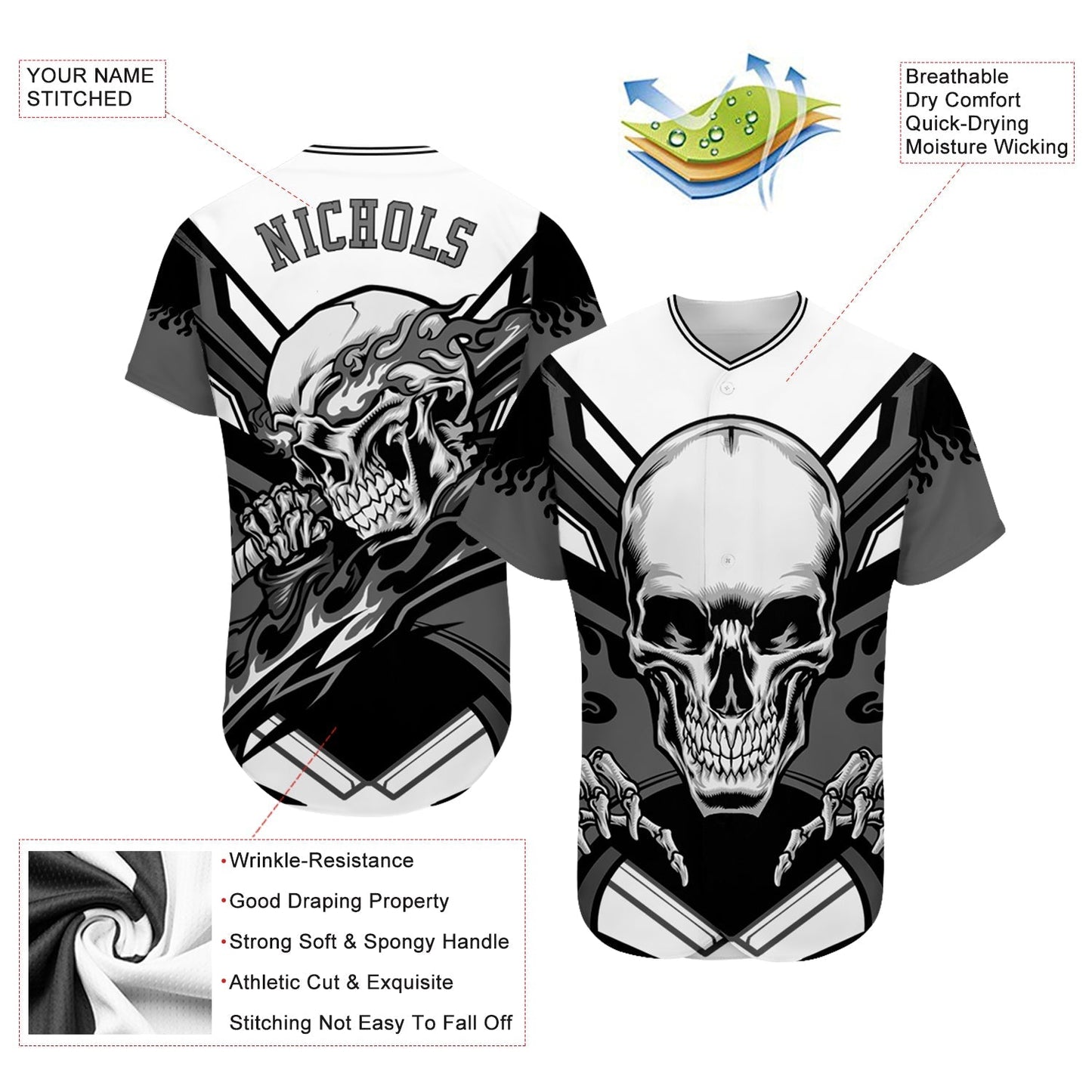 Frenzidea Custom White Gray-Black 3D Skull Baseball Jersey