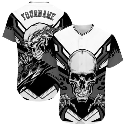 Frenzidea Custom White Gray-Black 3D Skull Baseball Jersey