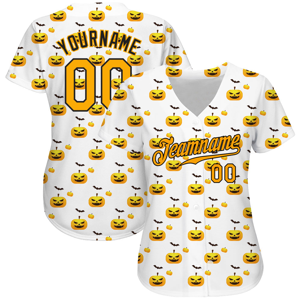 Frenzidea Custom White Gold-Black 3D Pattern Design Halloween Pattern With Pumpkins Baseball Jersey