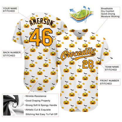 Frenzidea Custom White Gold-Black 3D Pattern Design Halloween Pattern With Pumpkins Baseball Jersey