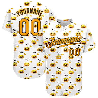 Frenzidea Custom White Gold-Black 3D Pattern Design Halloween Pattern With Pumpkins Baseball Jersey