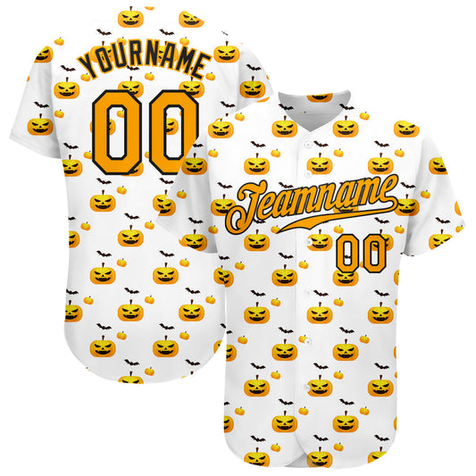 Frenzidea Custom White Gold-Black 3D Pattern Design Halloween Pattern With Pumpkins Baseball Jersey