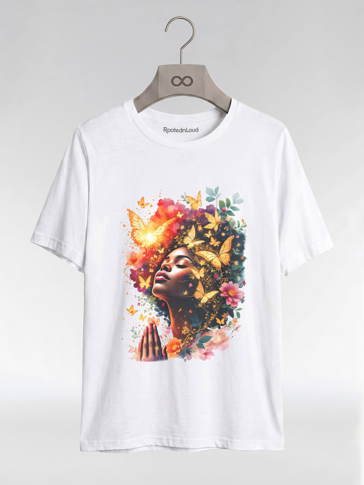 Praying Black Queen: Ethereal Floral Butterfly Graphic T-Shirt - RootednLoud