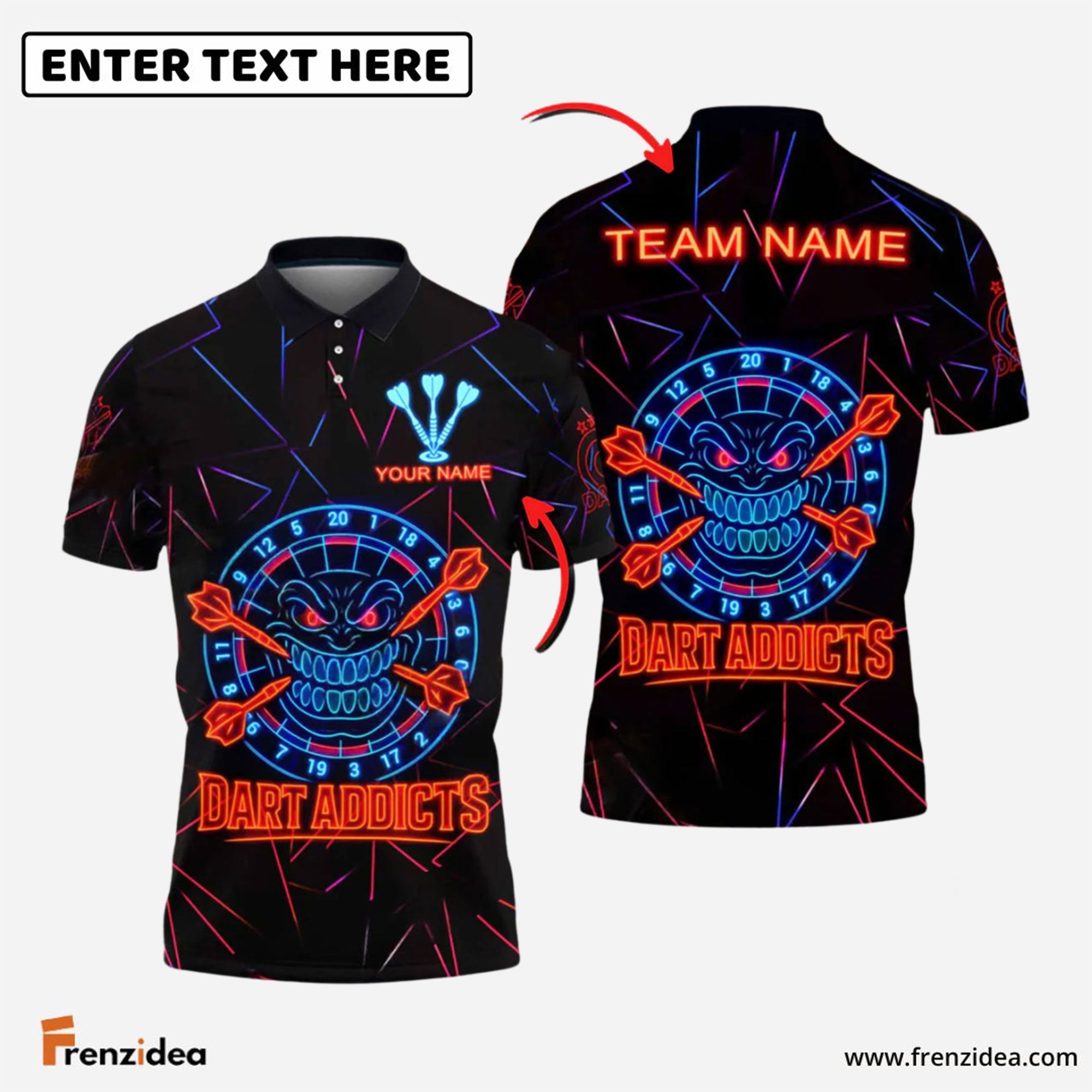 Frenzidea Darts Neon Dart Addicts Rage Style Personalized Name, Team Name Shirt (4 Colors)