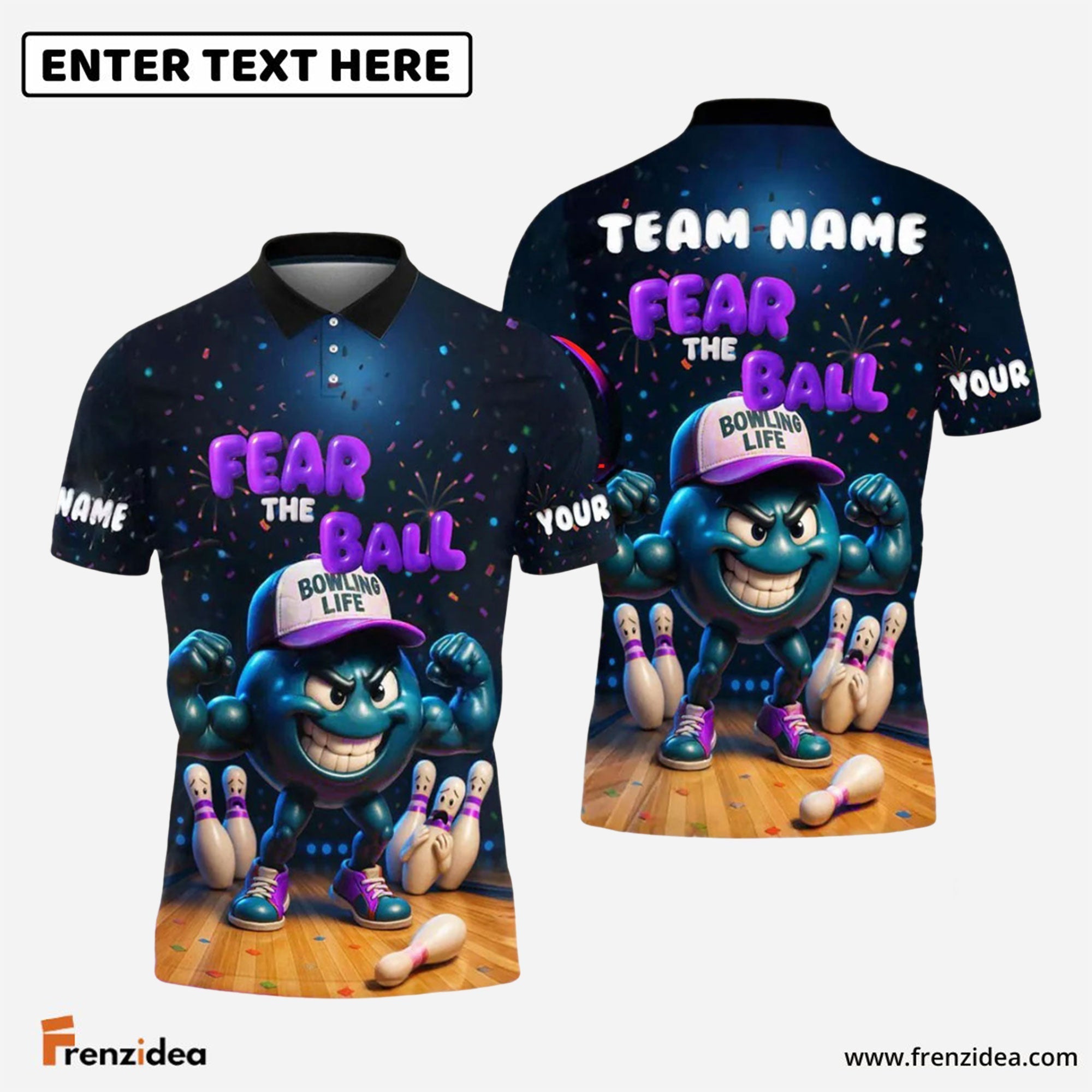 Frenzidea Bowling Fear the Ball Cartoon Power Style Customized Name, Team Name 3D Shirt (4 Colors)