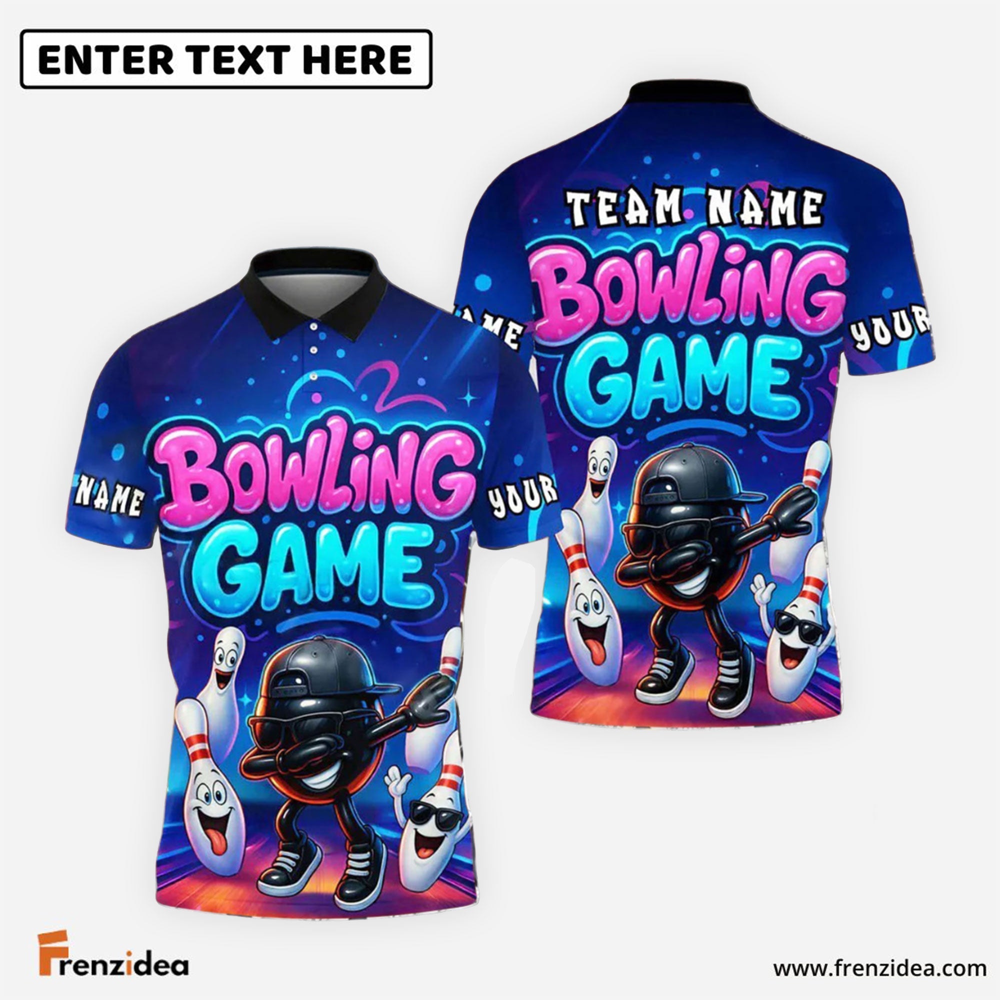 Frenzidea Bowling And Pins Cartoon Game Vibe Strike Pose Customized Name, Team Name 3D Shirt (4 Colors)