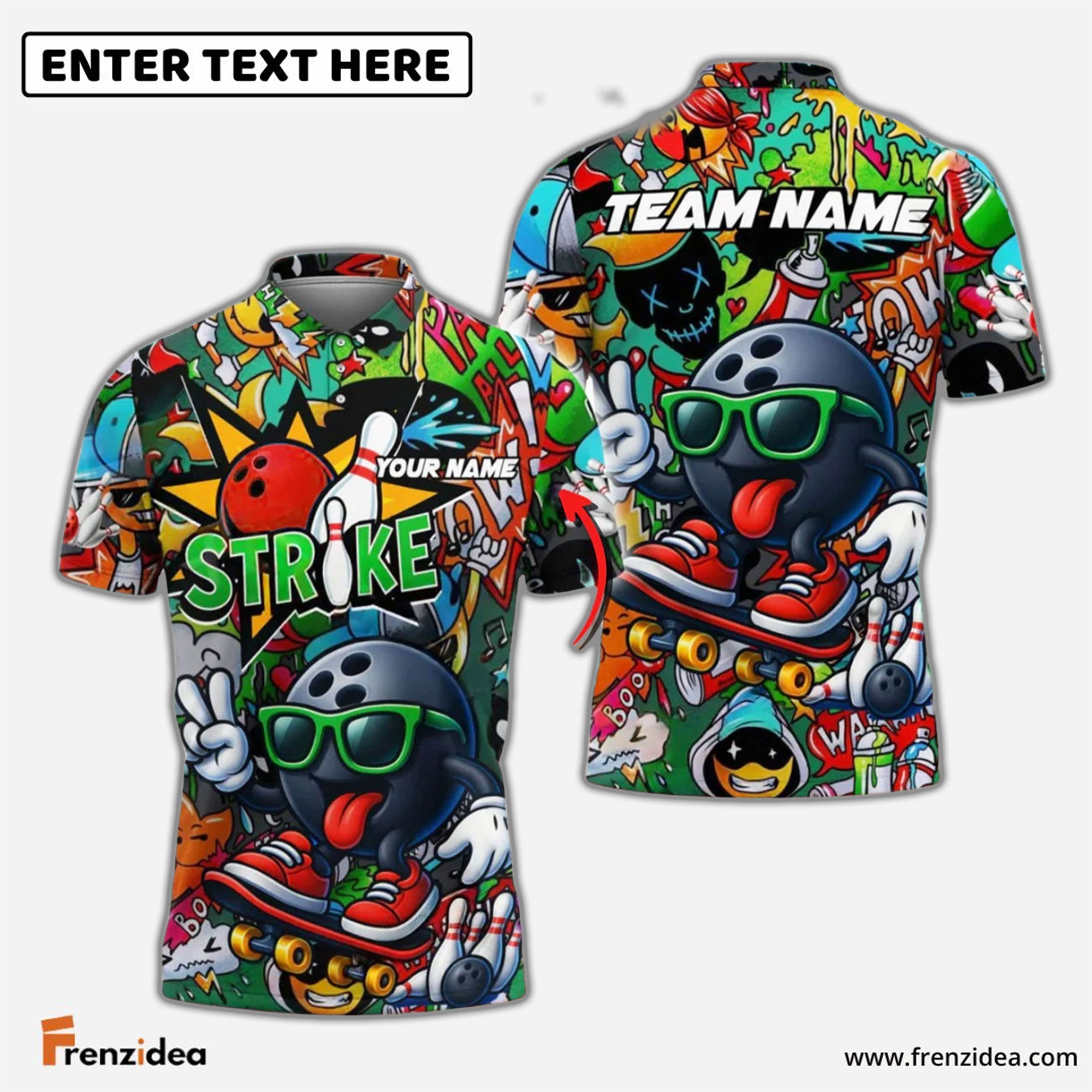 Frenzidea Bowling Street Strike Graffiti Skater Style Customized Name, Team Name 3D Shirt (4 Colors)