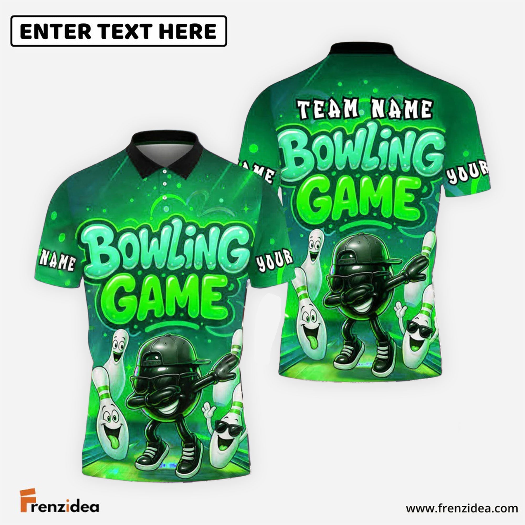 Frenzidea Bowling And Pins Cartoon Game Vibe Strike Pose Customized Name, Team Name 3D Shirt (4 Colors)